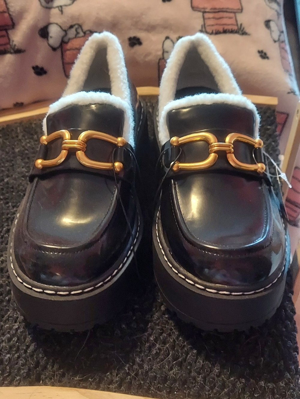 torrid Black Patent Loafer Mules with Gold Hardware and White Shearling